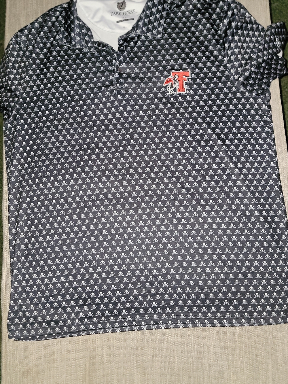 Dark Horse Men’s Navy Polo with White Pattern and Red Logo